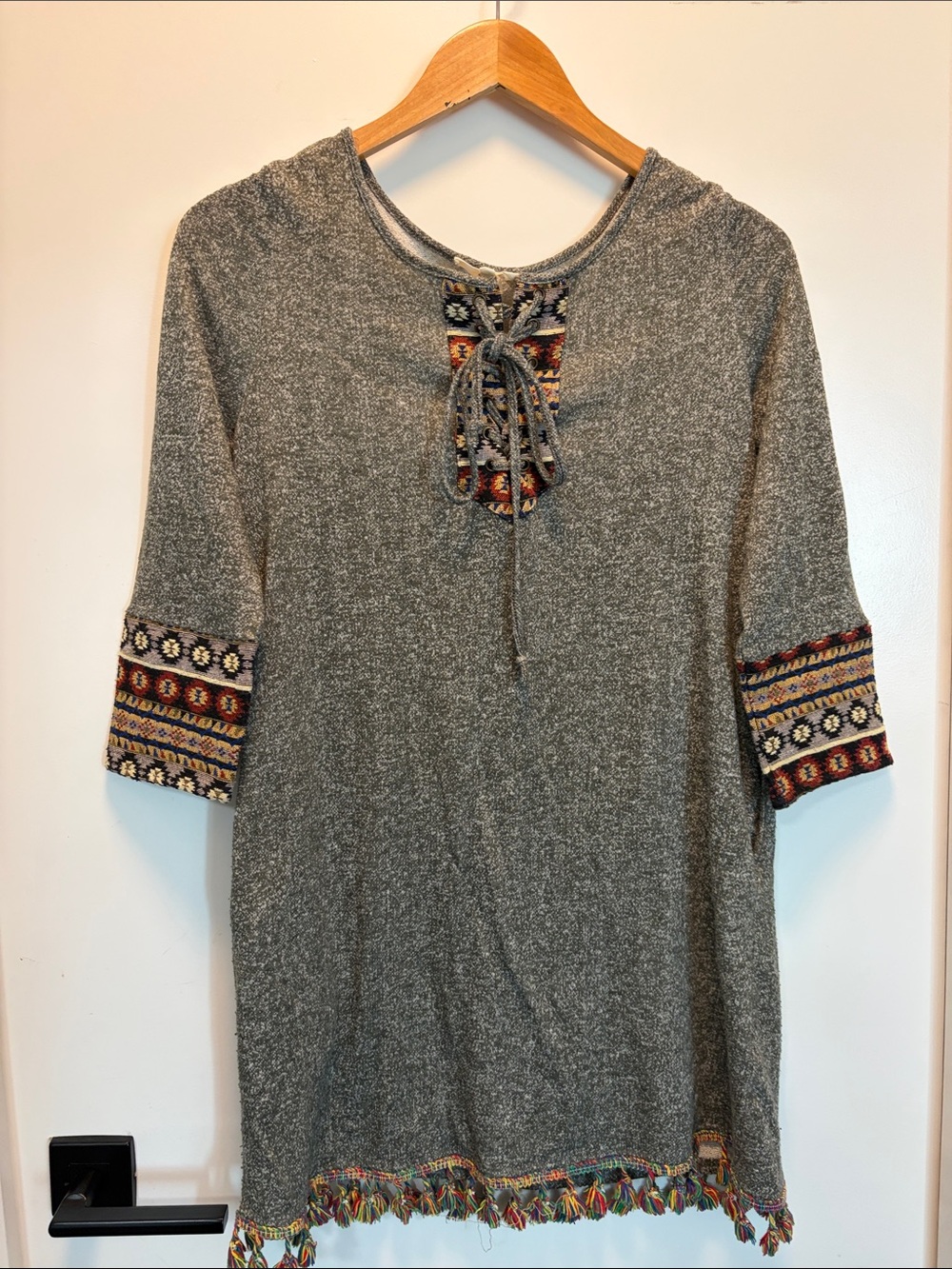 entro Gray Lace-Up Tunic with Colorful Tribal Trim